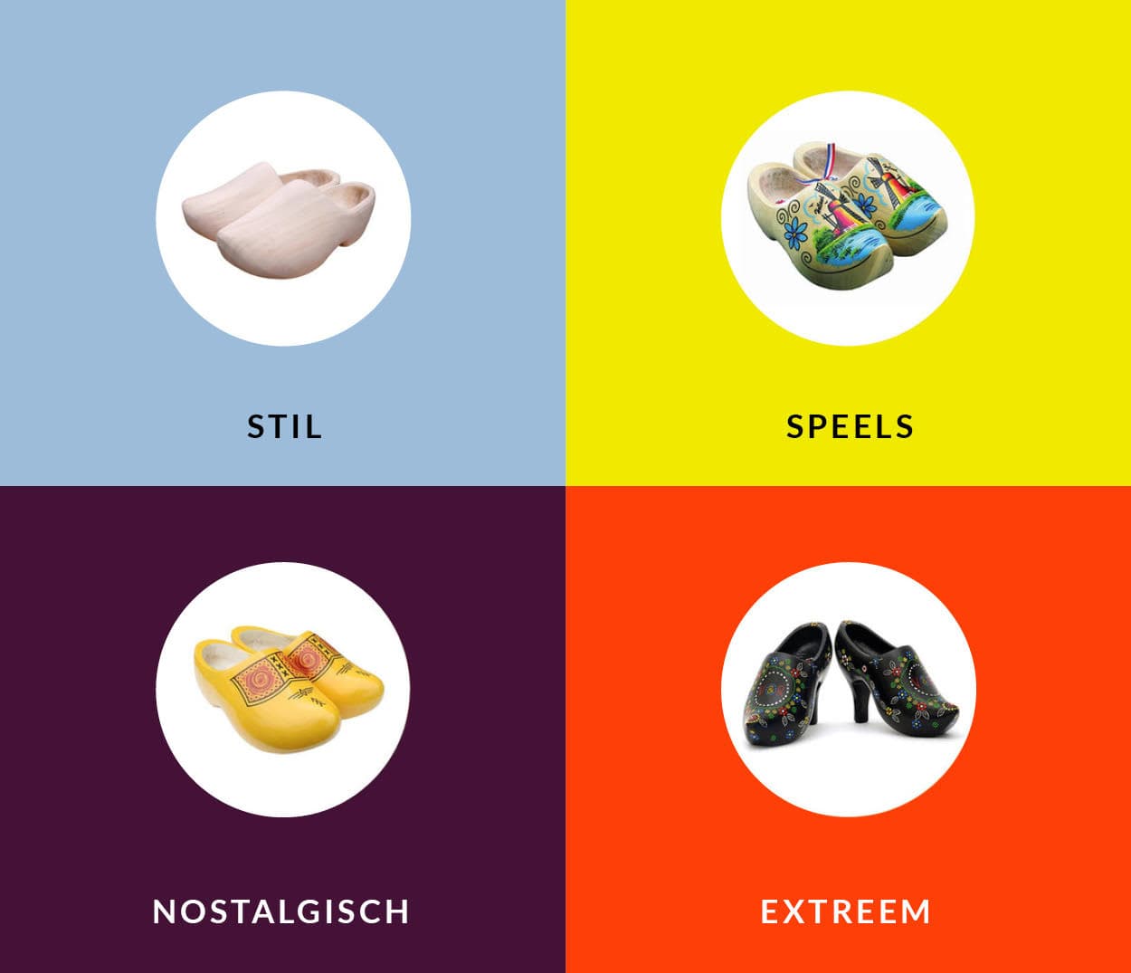 De vier mindsets: stil, speels, nostalgisch en extreem